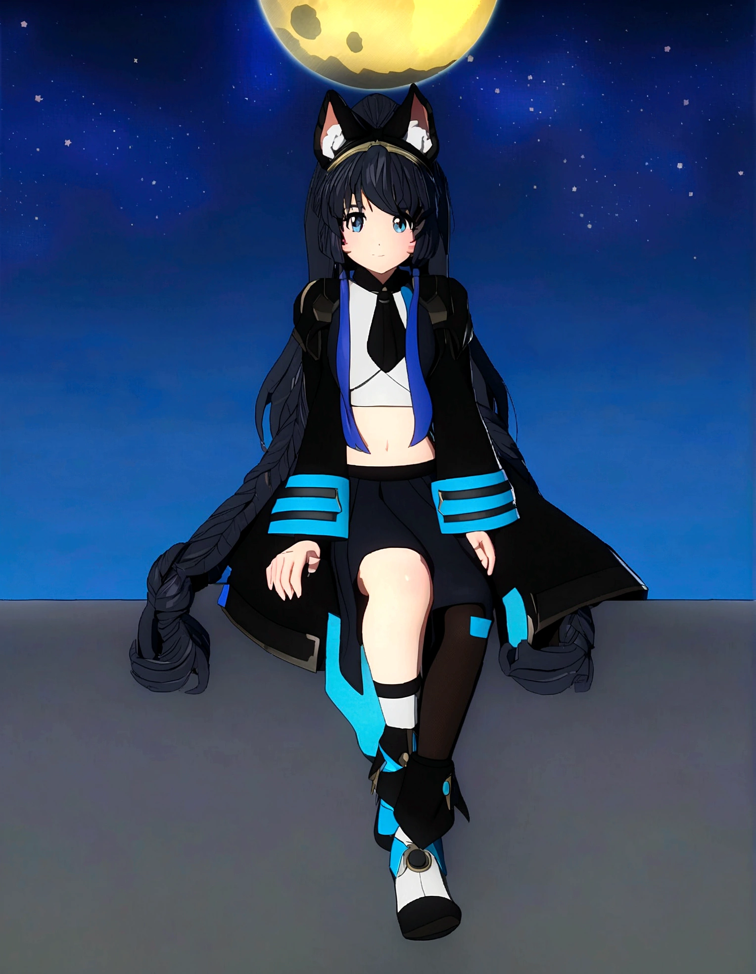 anime girl sitting on a ledge with a full moon in the background, anime moe artstyle, lunar themed attire, ((wearing aristocrat robe)), anime stylized, stylized anime, anime styled 3d, !!full body portrait!!, full body adoptable, anime girl of the future, anime style. 8k, fursona wearing stylish clothes, anime style character