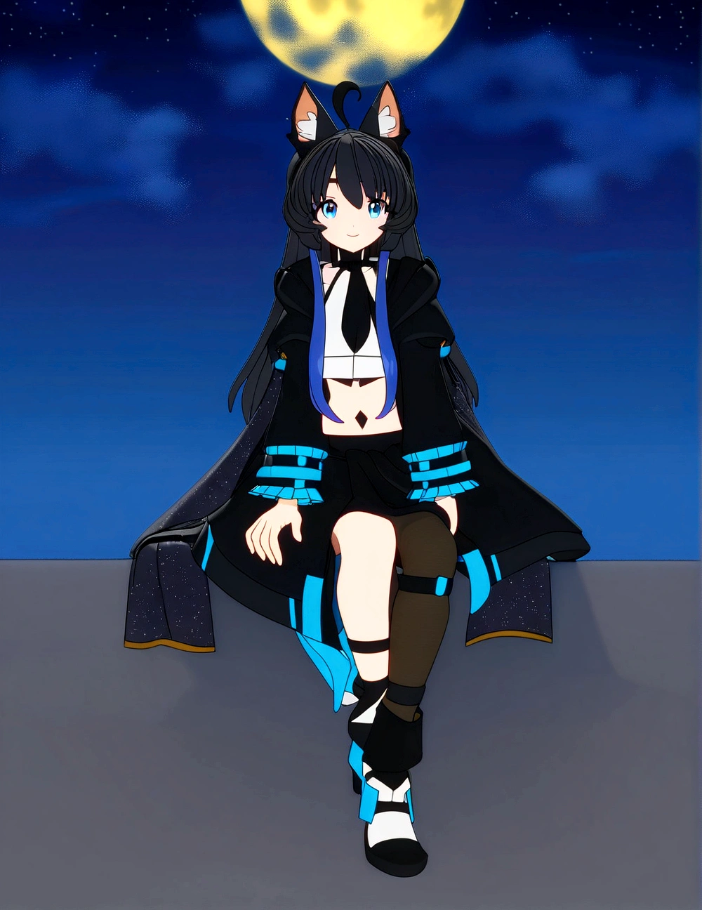 anime girl sitting on a ledge with a full moon in the background, anime moe artstyle, lunar themed attire, ((wearing aristocrat robe)), anime stylized, stylized anime, anime styled 3d, !!full body portrait!!, full body adoptable, anime girl of the future, anime style. 8k, fursona wearing stylish clothes, anime style character