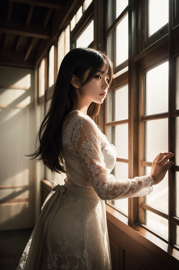 A beautiful Japanese girl is depicted in a vertical, ultra-realistic illustration. She has short, tousled hair framing her face, giving her a dynamic and intense look. She is holding a katana with both hands in a ready stance, showcasing her strength and determination. Her outfit consists of a thin, translucent fabric with intricate lace details, adding a delicate contrast to her fierce expression and powerful pose. 

The background is minimalist, with soft, diffused light coming through a window, creating a serene and almost ethereal atmosphere. The artist employs digital painting techniques to achieve high detail and realism, particularly in the textures of her hair, skin, and the delicate lace fabric of her outfit. The lighting is carefully rendered to highlight her form and the gleam of the katana, enhancing the overall intensity and beauty of the scene.