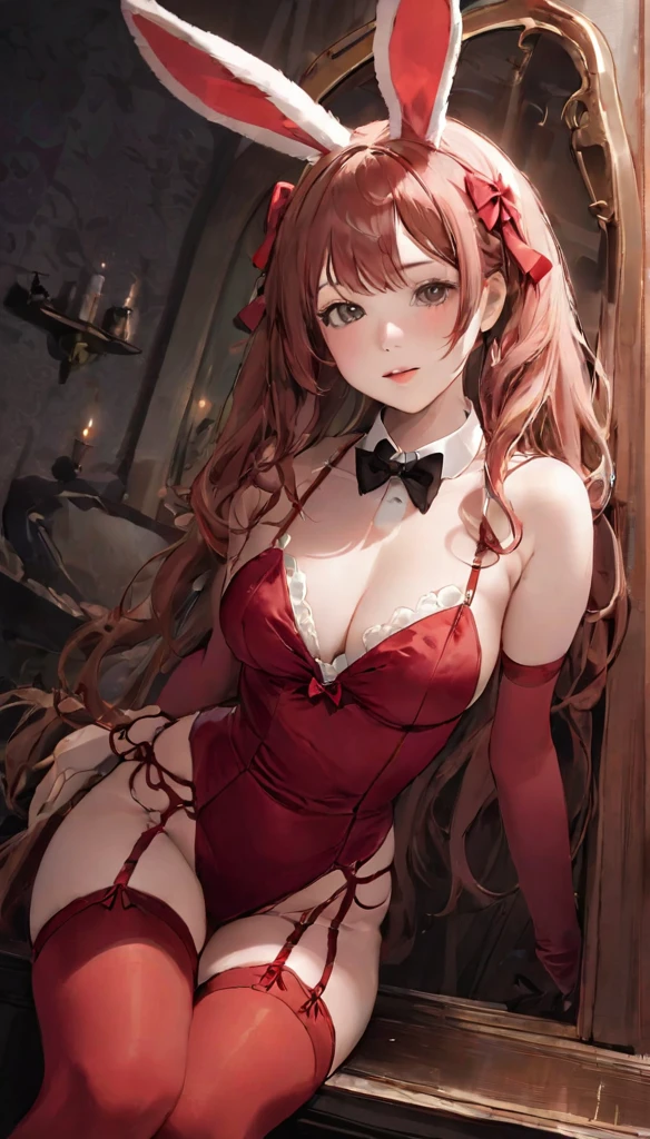 Bunny girl、Perfect Anatomy、One Woman、Black Costume、Black Stockings、Attractive ass、Thong ass、、Dim lighting、Natural look、Enchanted Room、eroticism、highest quality、highest quality、Masseter muscle area:1.3、High quality details、８ｋ