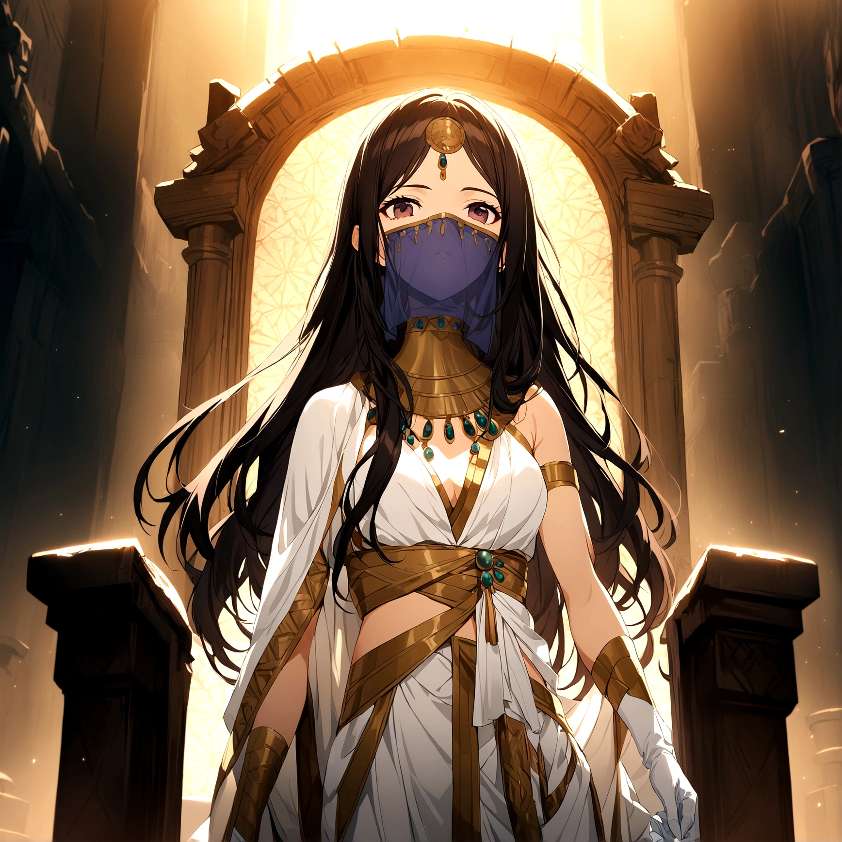 1girl, long hair, dark hair, ancient civilization clothes, white glove, mouth veil, throne background, game cg