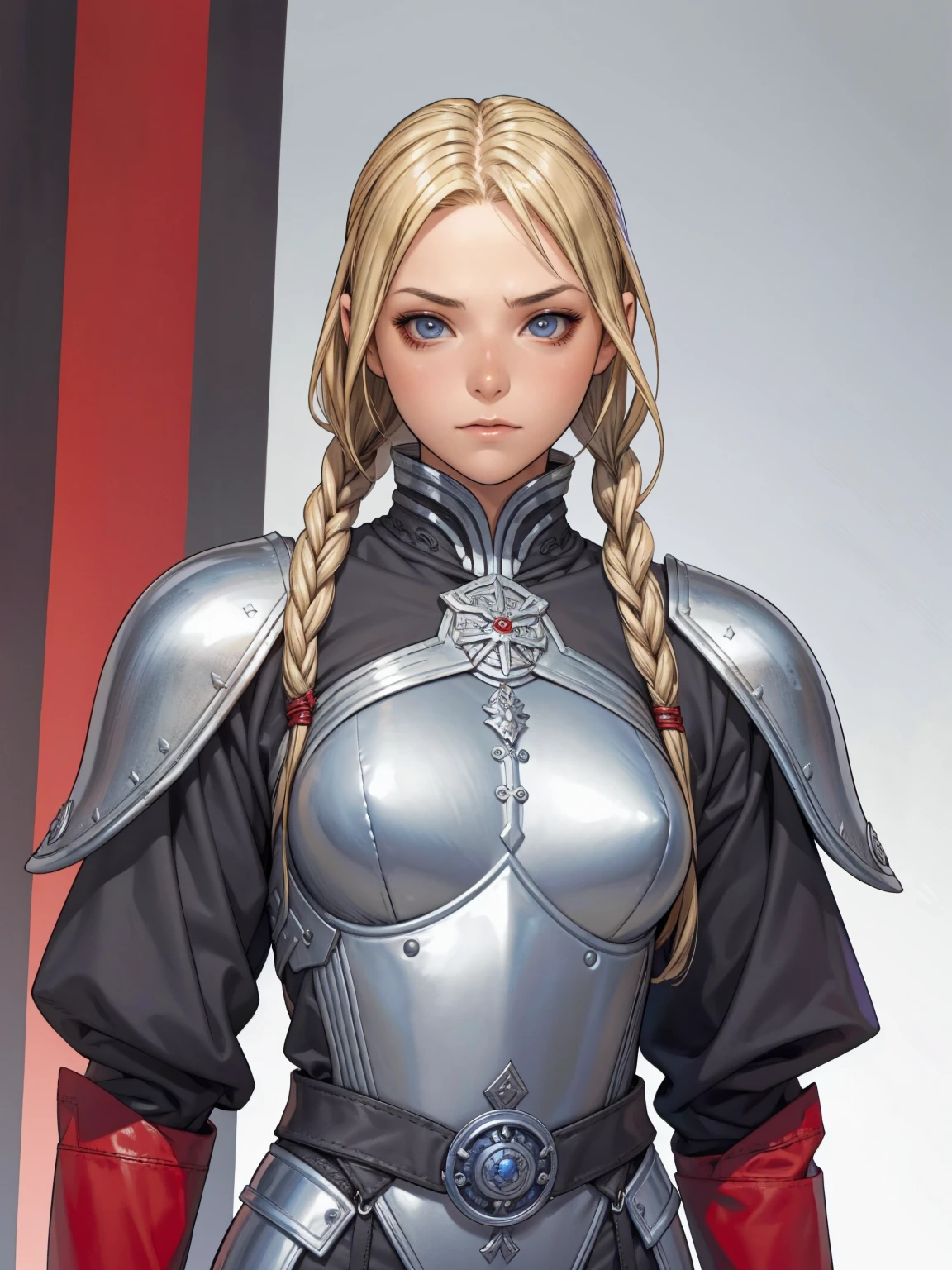 1 girl, viking, blonde hair with two braids, blue colored eyes, leather armour, gray clothes, Red clothing, Dark clothes, noble lady, burglar, fancy, short clothing, warrioress, espada viking