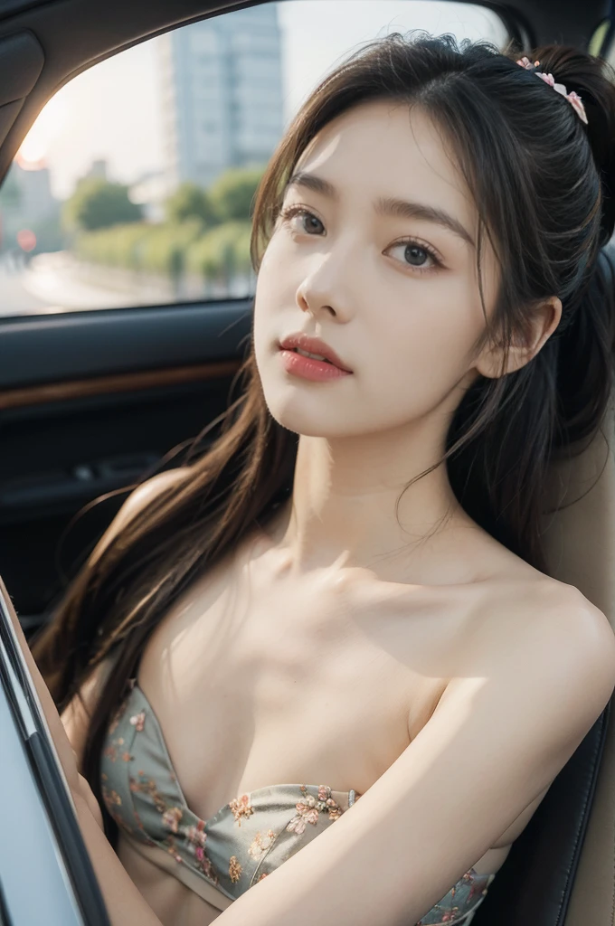 (((best quality))),(((ultra detailed))),(((masterpiece))),illustration,((1 beautiful girl,female driver,solo)),((sitting on the seat)),((in the car)),((slim,thin)),((small breasts,flat chest)),parked,roadside,vibrant,(strapless floral sheer bra:1.3),graceful,(short ponytail:1.2),delicate,features,eyes,focused,ahead,calm,concentration,classic,convertible,evening,breeze,caress,adjusted,,frame,confident,steering wheel,maneuver,control,world,setting,sun,warm,glow,illuminate,sky,canvas,match,road,stretch,explore,possibilities,background,town,life,evening,shops,opening,doors,people,strolling,cool,air,atmosphere,peaceful,serene,contrast,chaos,city,independence,societal,norms,constraints,destiny,embrace,challenges,symbol,strength,resilience,spirit,summer,((from front,close-up of face))