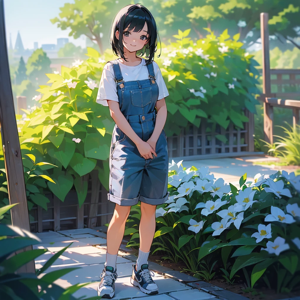 (high quality, High resolution, Very detailed, reality:1.37), Peaceful atmosphere, (Outdoor, garden), Teenage girl standing alone, (my breasts are big.), Beautiful details, Cute Smile, (Black bob hair), Short sleeve shirt, Overalls, Blue socks, sneakers.