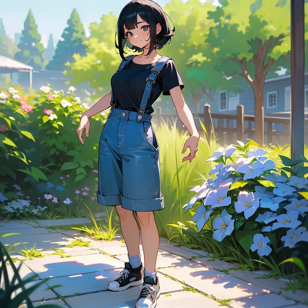 (high quality, High resolution, Very detailed, reality:1.37), Peaceful atmosphere, (Outdoor, garden), Teenage girl standing alone, (my breasts are big.), Beautiful details, Cute Smile, (Black bob hair), Short sleeve shirt, Overalls, Blue socks, sneakers.