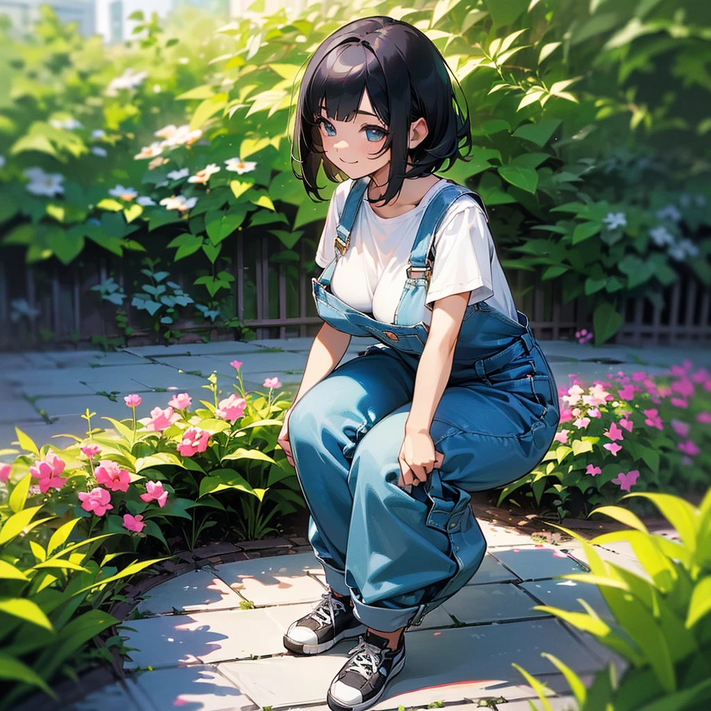 (high quality, High resolution, Very detailed, reality:1.37), Peaceful atmosphere, (Outdoor, garden), age girl standing alone, (my breasts are big.), Beautiful details, Cute Smile, (Black bob hair), Short sleeve shirt, Overalls, Blue socks, sneakers.