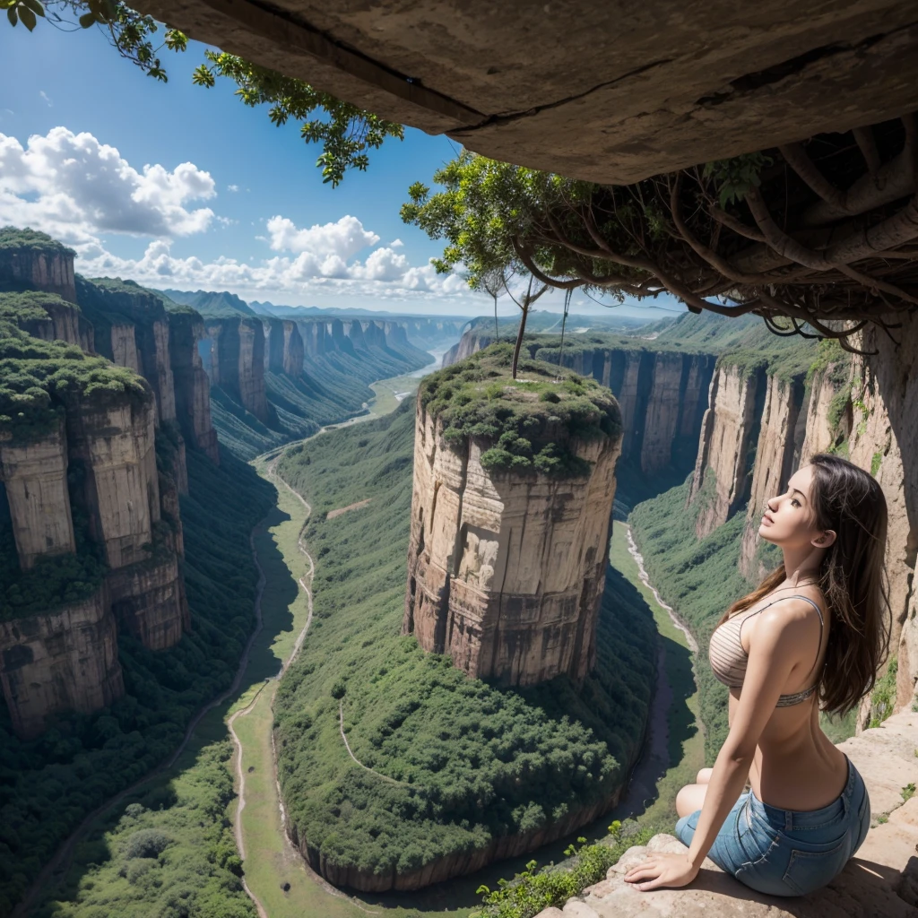 A large Brazilian canyon and young people around admiring the beauty of the landscape