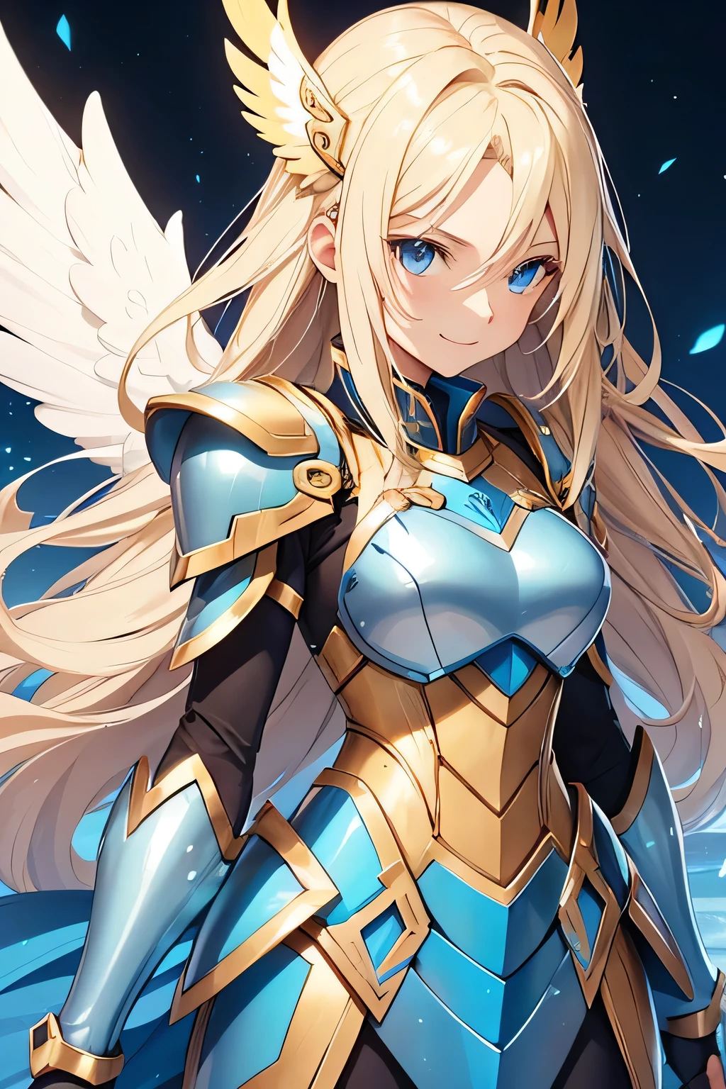 woman, 18 years old, long blonde hair, light blue eyes. Golden and blue armor, wings and angel halo, energetic open smile.