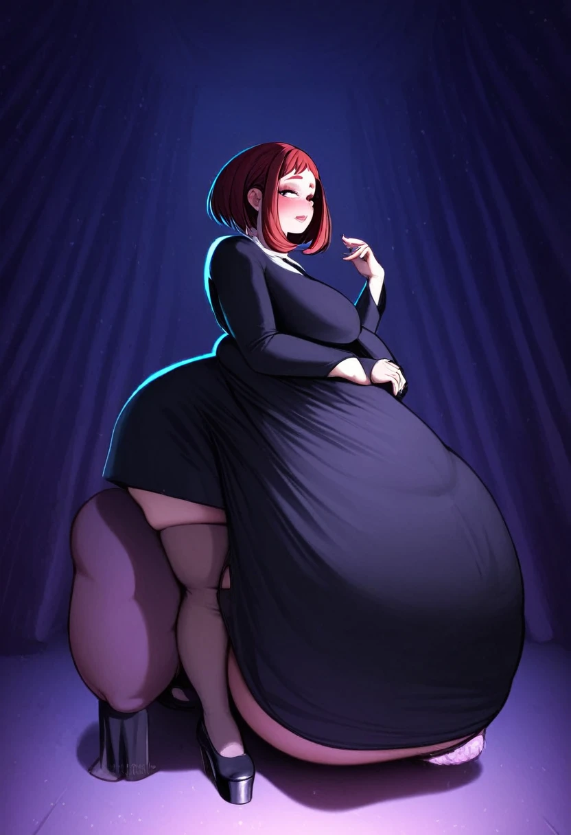 Ochako Uraraka from My Hero Academy, girl fat, obese body, big belly, sexy, stockings, red hair, short night dress, night club, night, dark dress, black dress, black stockings, black and black shoes, (Masterpiece:1.2), best quality, high resolution, beautifully detailed, extremely detailed, perfect lighting,
