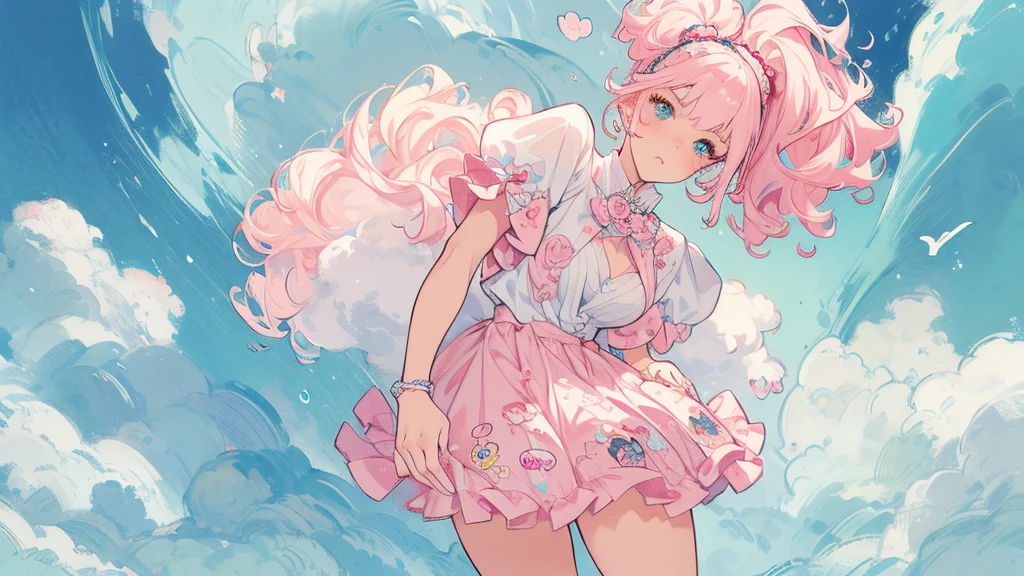One girl, Pink Ponytail, Half Body, thighhights socks, disheveled curly hair, Multiple poses, Detailed facial features, Beautiful Eyes, Beautiful Lips, Delicate features, Cinema Lighting, Dramatic angle, ether, pastel colour, dream-like, Soft Focus, Digital Art, masterpiece, Cloudy weather, Heterochromia iridis, fluffy, Are standing