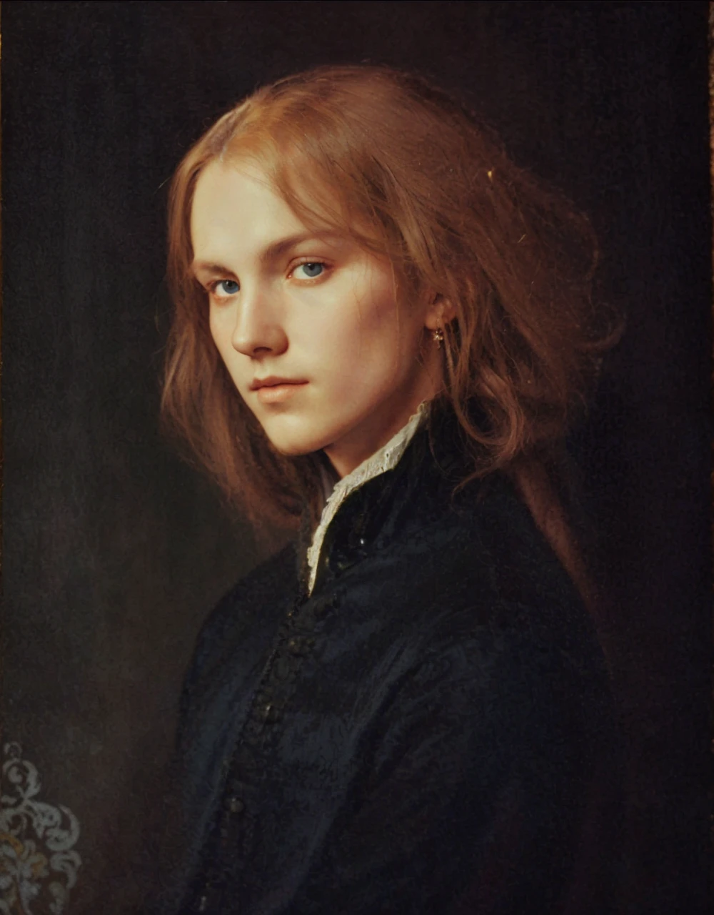 Portrait of Christopher Marlowe, extremely detailed face, white skin, piercing icy blue eyes, silky golden-brown hair, refined features, charp jawline, clean shaved, black Elizabethan velvet jerkin, white laced shirt, Art Nouveau style, Mucha style, Mucha background, realism, high quality