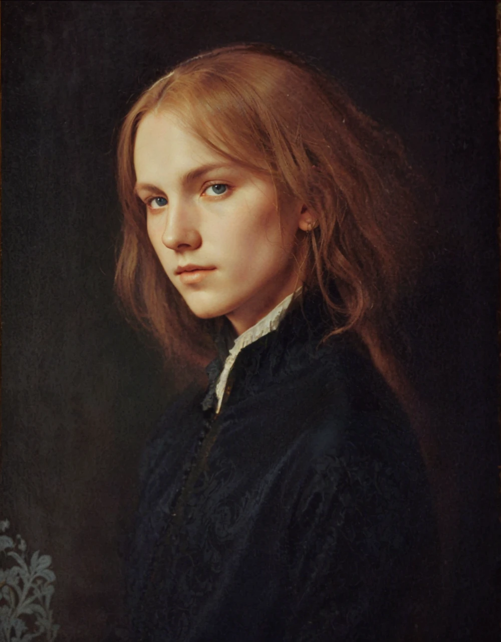 Portrait of Christopher Marlowe, extremely detailed face, white skin, piercing icy blue eyes, silky golden-brown hair, refined features, charp jawline, clean shaved, black Elizabethan velvet jerkin, white laced shirt, Art Nouveau style, Mucha style, Mucha background, realism, high quality