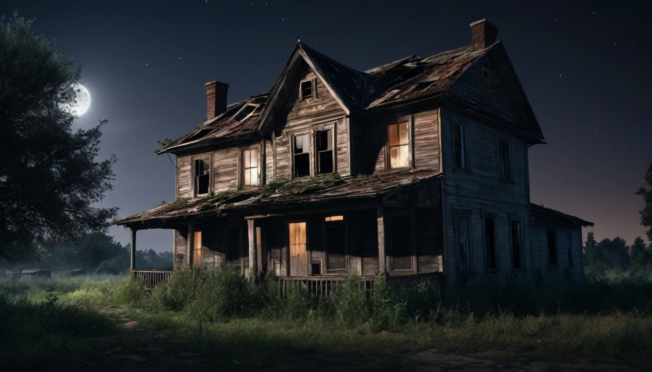 An image of an old abandoned house on the outskirts of the city at night, PICTURE REALISTIC, high resolution 8k