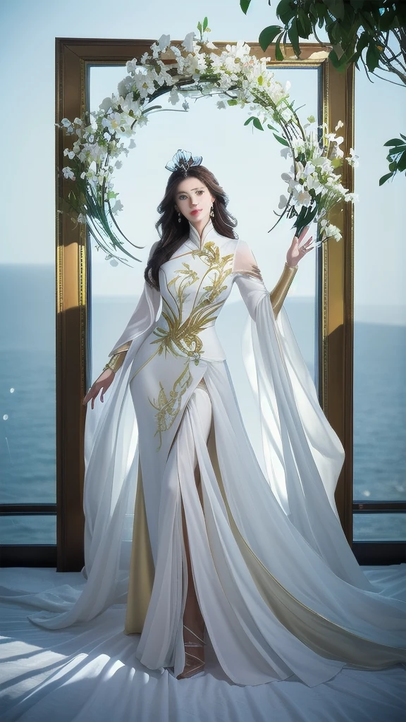 Full body lesbian,8k portrait of beautiful robot with brown hair, iintricate, Elegant, The content is very detailed, Majestic, digital photography, Art germ、Surrealist Painting Gold Butterfly Filigree by Nguyen Chia and Greg Rutkoski, brokenglass, (tmasterpiece, Side seams, Eyes are delicate and beautiful: 1.2), HighDynamicRange, (Detailed background window for the new dimension, plants and flowers:0.7) unlimited, Infinity symbol,