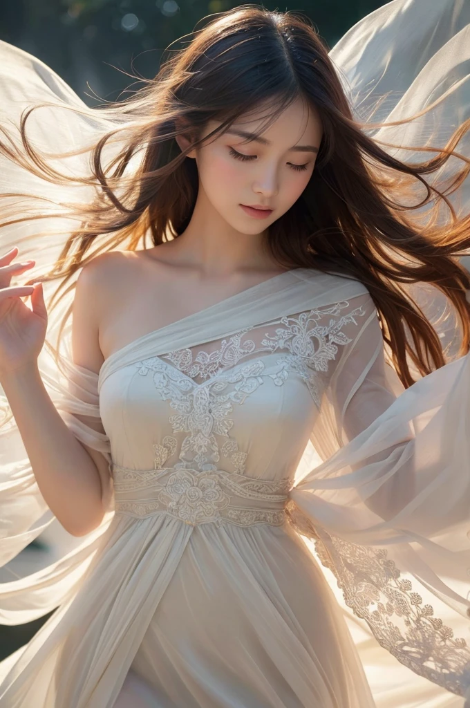 A beautiful Japanese girl is depicted in a vertical, ultra-realistic illustration, surrounded by flowing, translucent fabric. She has delicate features and long, flowing hair that adds to the ethereal quality of the image. She wears a thin, intricately designed dress that appears almost weightless as it billows around her. Her pose is graceful and fluid, with her arms raised and fingers delicately entwined in the fabric, giving the impression of movement and lightness.
The background is a soft, luminous setting with light filtering through the fabric, creating a dreamlike and airy atmosphere. The artist employs digital painting techniques to achieve high detail and realism, particularly in the textures of the fabric, her hair, and the intricate details of the dress. The lighting is soft and diffused, casting gentle shadows and highlights that enhance the serene and elegant mood of the scene.