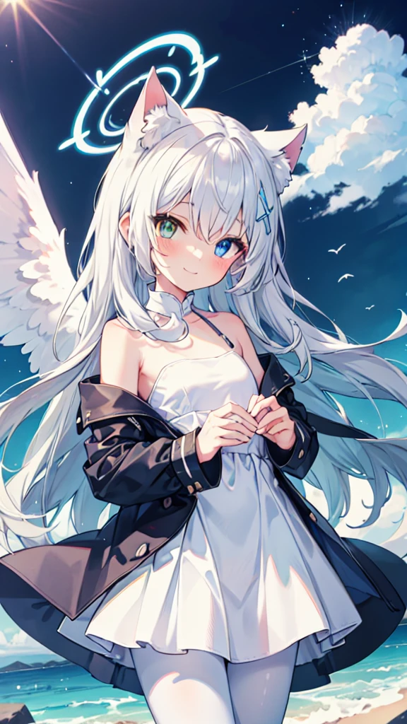 White hair，Long hair，Cat ear，Heterochromia blue-yellow，Smile，female face，There are bright spots in the eyes，Female hands，White little hands，Normal fingers，flat chest，Solitary，blue halo，On an island in the sky，night，Angel Wings，White pantyhose，