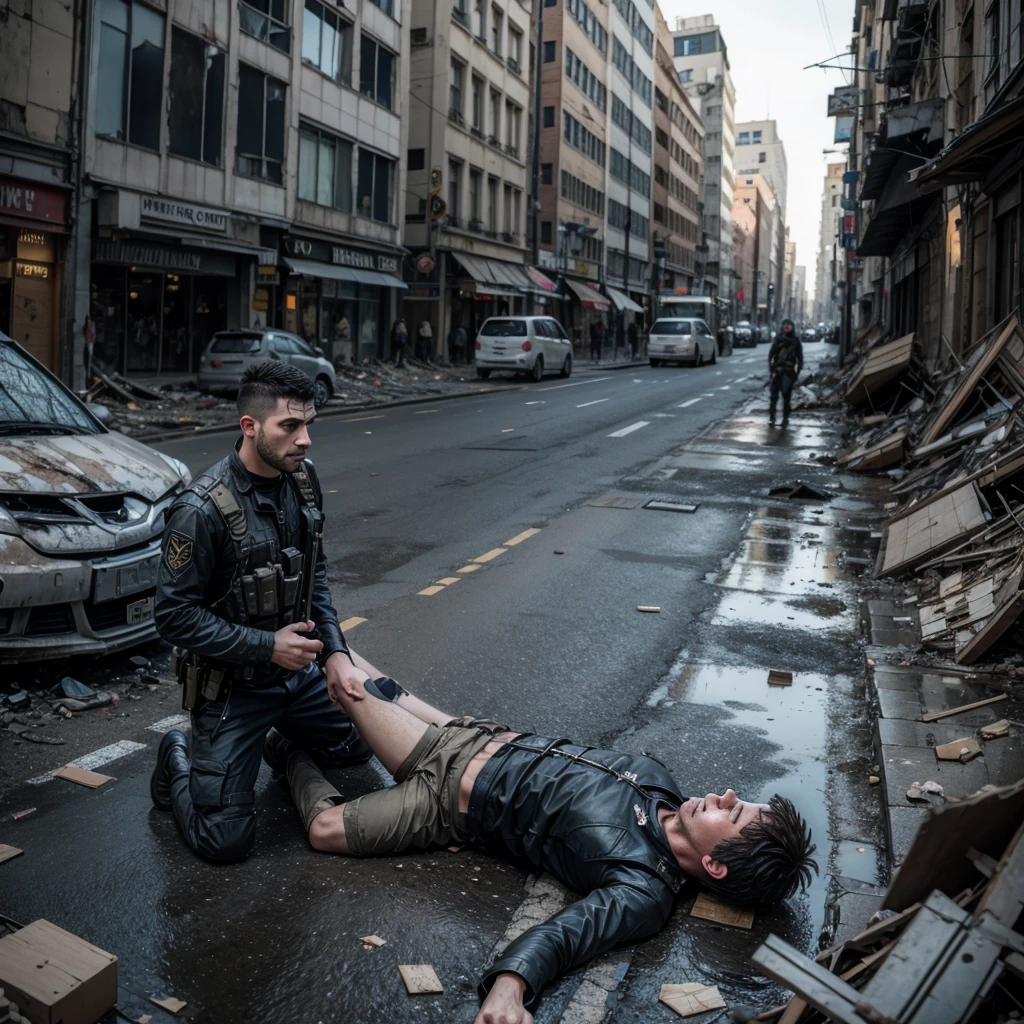 Fallen man in war gear, in a city destroyed by bombs