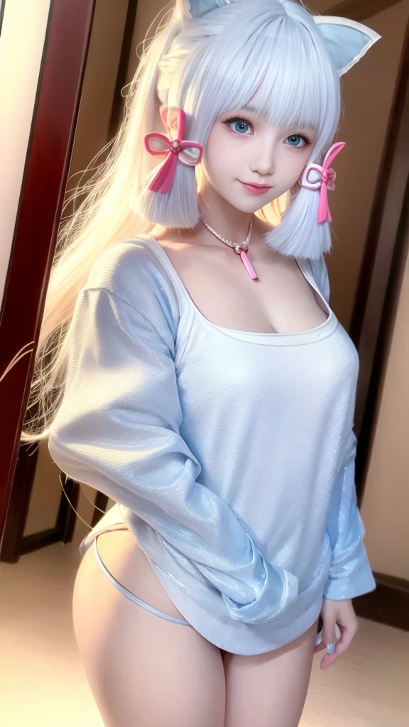 ((Best quality)), ((masterpiece)), (detail:1.4), Beautiful cyberpunk Japanese female image,Sixteen years old, nffsw(High Dynamic Range),Ray Tracing,nvidia RTX,Super Resolution,Unreal 5,Subsurface scattering,PBR Textures,Post-Processing,Anisotropic filtering,Depth of Field,Maximum clarity and sharp multi-layered textures,Albedo and Specular Maps,Surface Shading,Mitsu - Accurate simulation of material interactions,Perfect proportion,Octane Rendering,Two-color light,Large aperture,Low ISO,White Balance,Three rules、8K raw data、Beautiful bright red pupils,Off-shoulder clothing,outstanding student,Light blue gradient on pure white hair,Delicate face and eyes,Round Face, Drooping eyes, Long eyelashes,Blush Blush,Fine and fluffy hair,lips,pure,Cute face,Sweet girl,Smile,Artistic sense,Casual wear,advanced sense,snowflake,petal,snowflake, Wild rose snow background, Beautiful hair accessories,Waist-length hair,Hair blowing in the wind,Snow White cat ears, curly