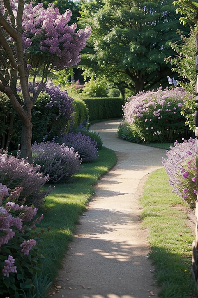 Butterflies flying over a path in a garden with lilac flowers
