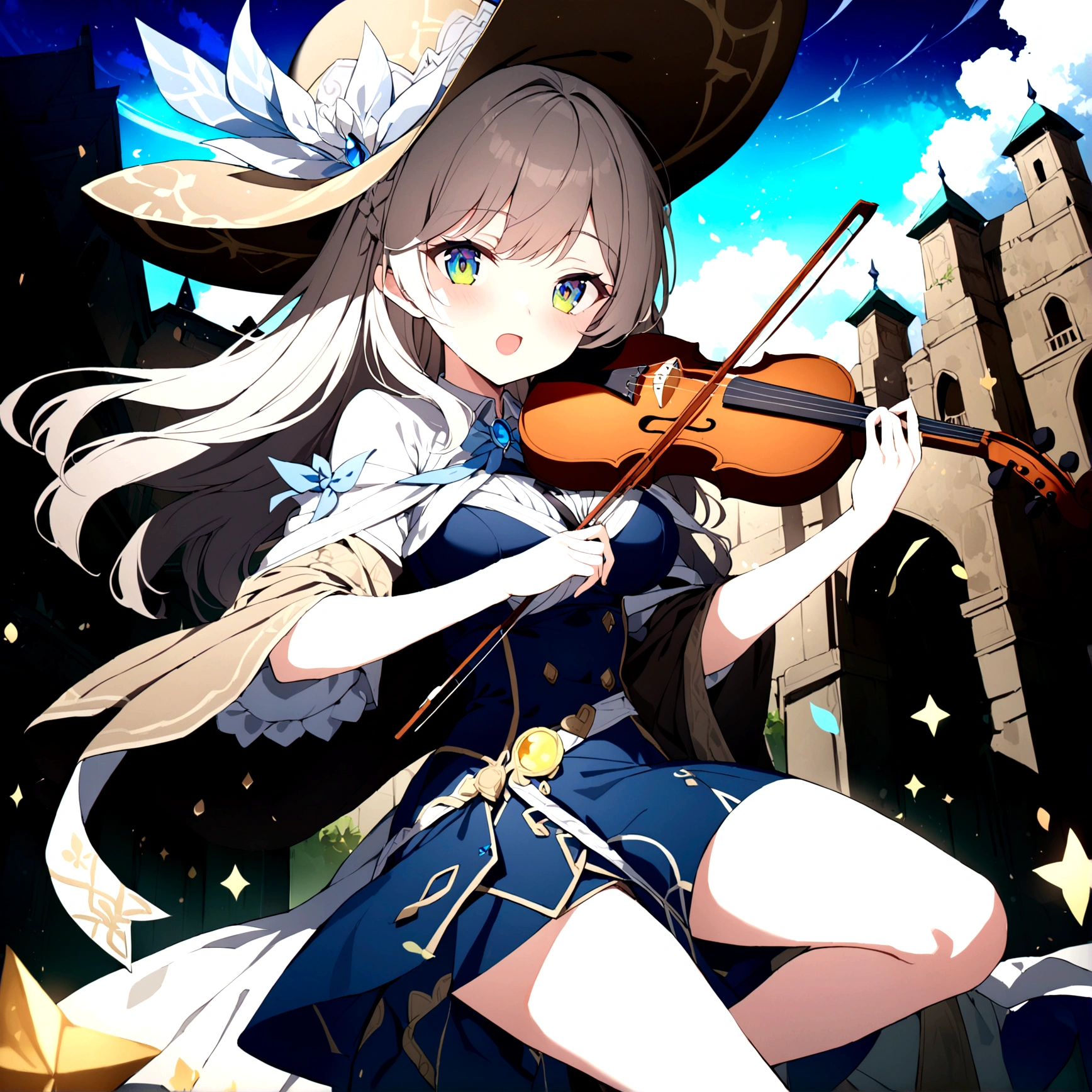 1girl, Masterpiece, best quality) (detailed and beautiful eyes:1.6) (perfect hands, perfect anatomy) (full body) big hat, older woman, bard outfit, holding a violin