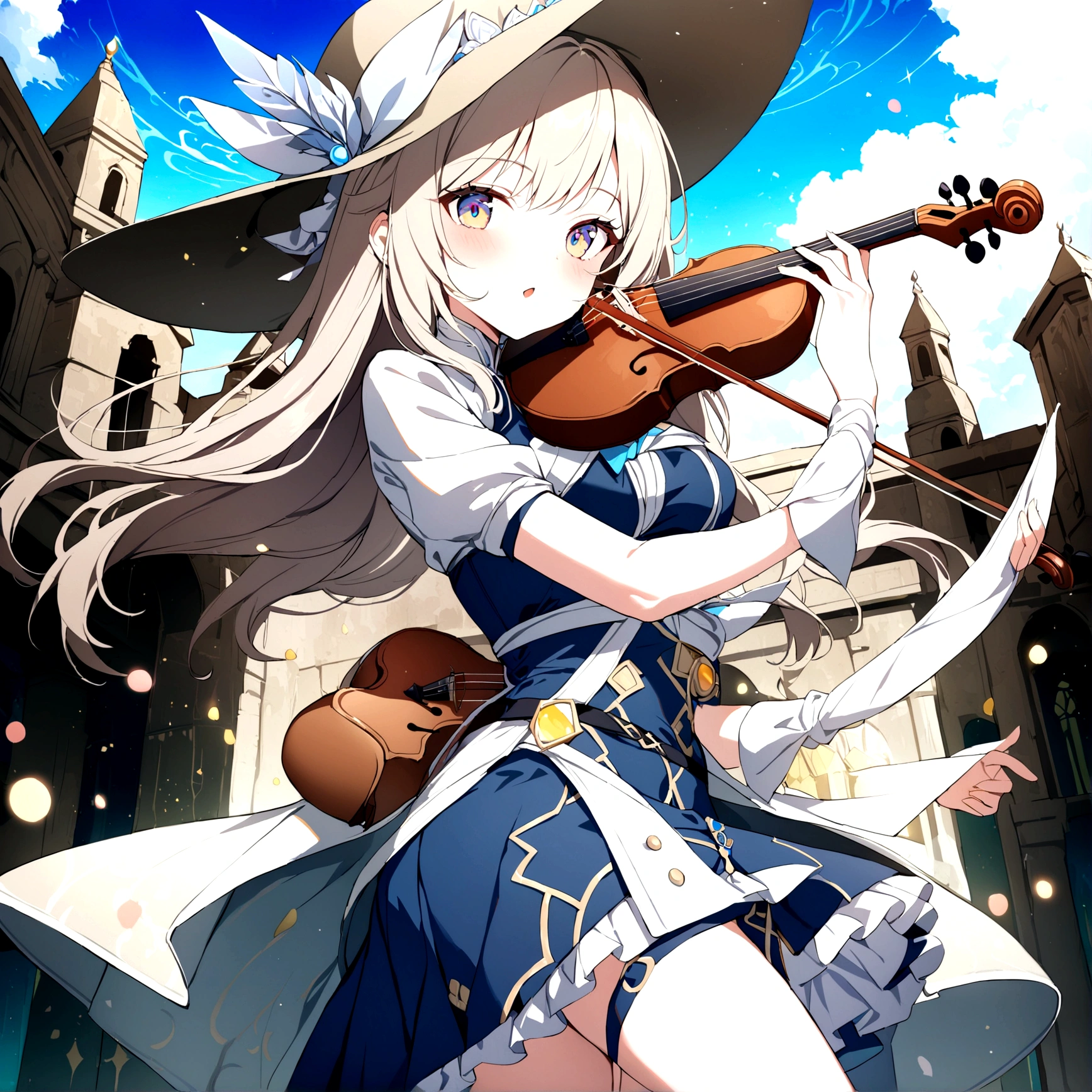 1girl, Masterpiece, best quality) (detailed and beautiful eyes:1.6) (perfect hands, perfect anatomy) (full body) big hat, older woman, bard outfit, holding a violin