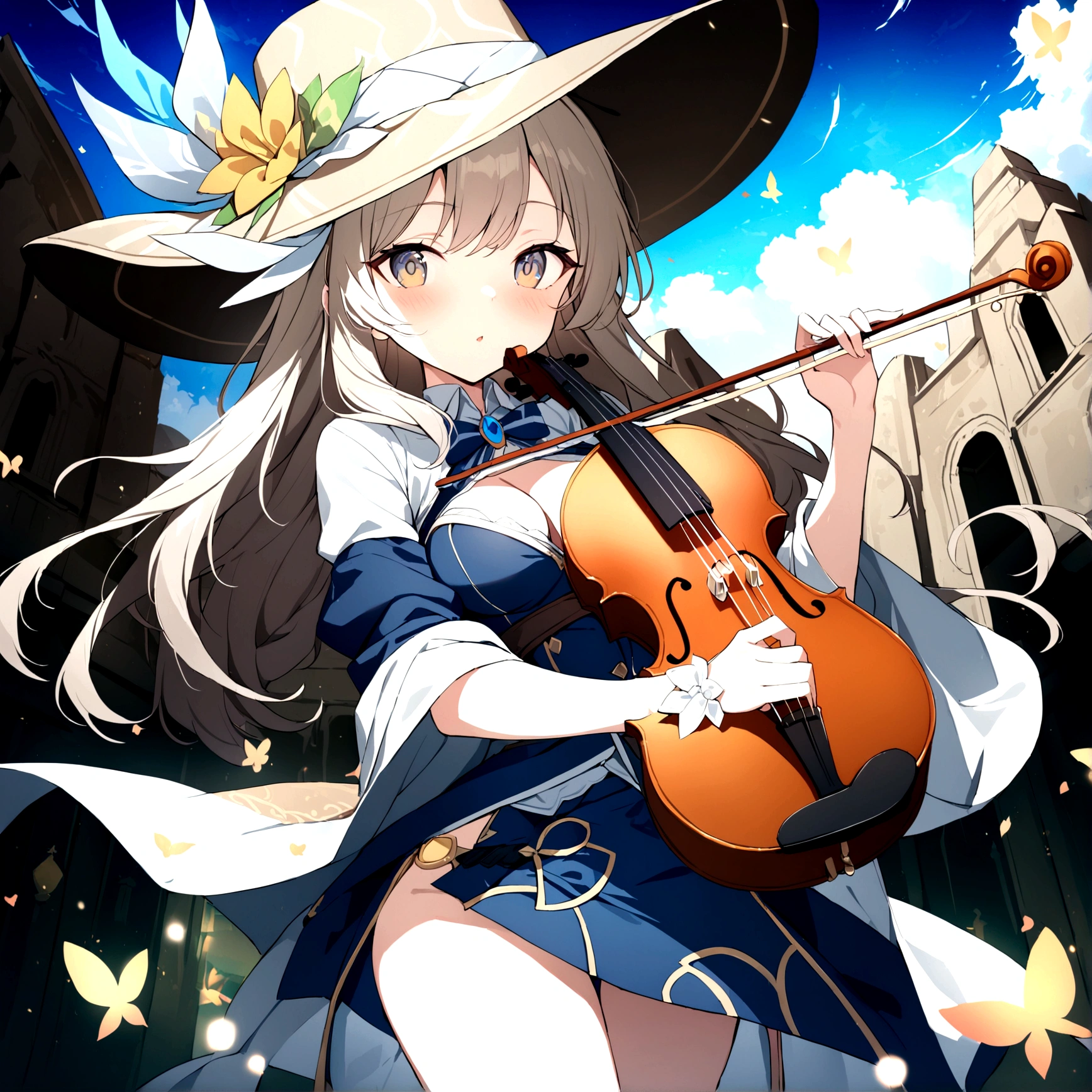 1girl, Masterpiece, best quality) (detailed and beautiful eyes:1.6) (perfect hands, perfect anatomy) (full body) big hat, older woman, bard outfit, holding a violin