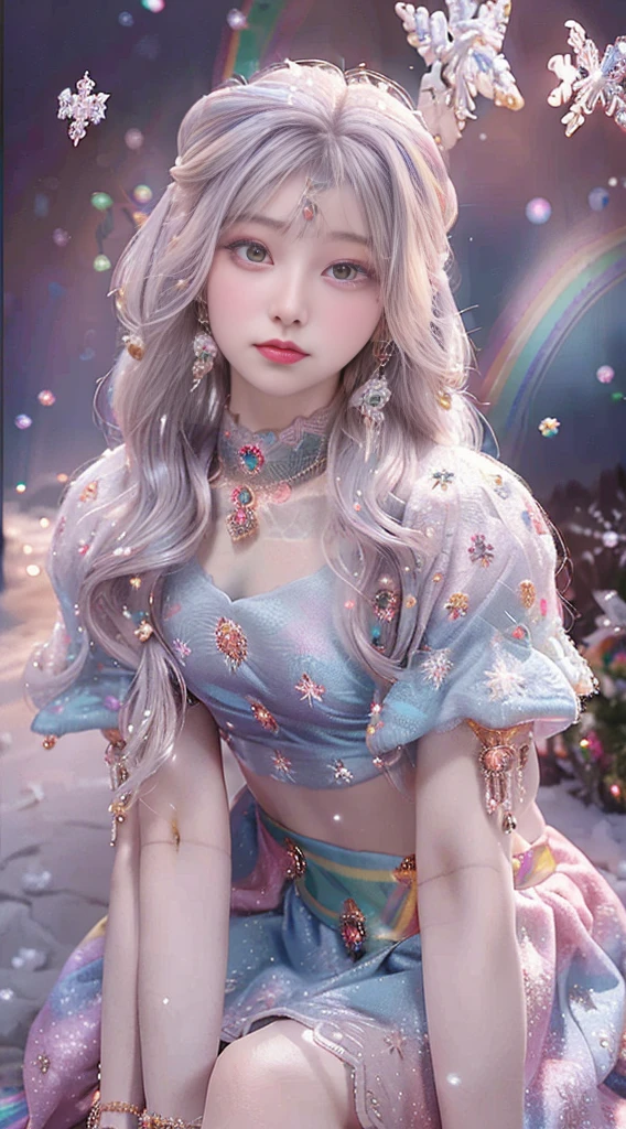 8K, masterpiece, 1 girl, Pretty Face, Very long hair, Light makeup, Delicate eyes, Delicate lips, Small bust, Winter Clothing, Rainbow Skirt, (Wearing Jewelry:1.8), (Rainbow Lace:1.4), ((Snowflakes falling:1.4)), sit,