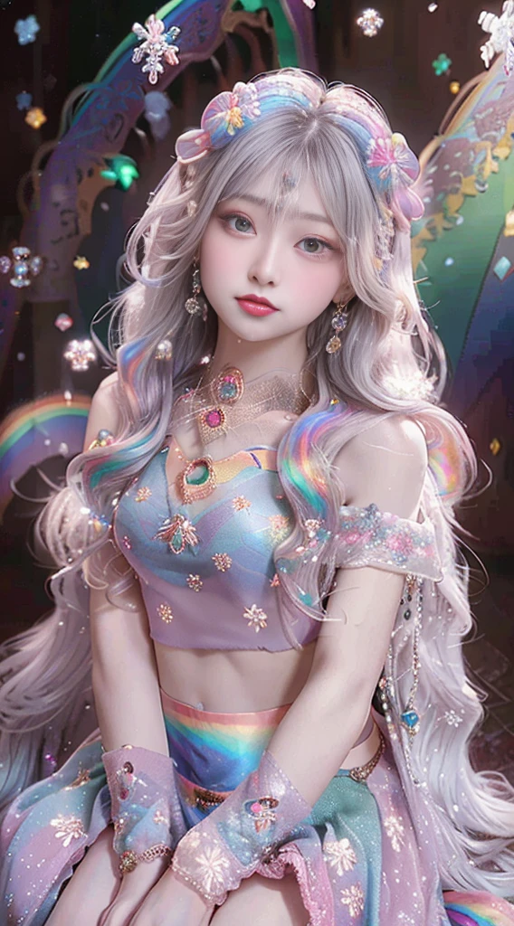 8K, masterpiece, 1 girl, Pretty Face, Very long hair, Light makeup, Delicate eyes, Delicate lips, Small bust, Winter Clothing, Rainbow Skirt, (Wearing Jewelry:1.8), (Rainbow Lace:1.4), ((Snowflakes falling:1.4)), sit,