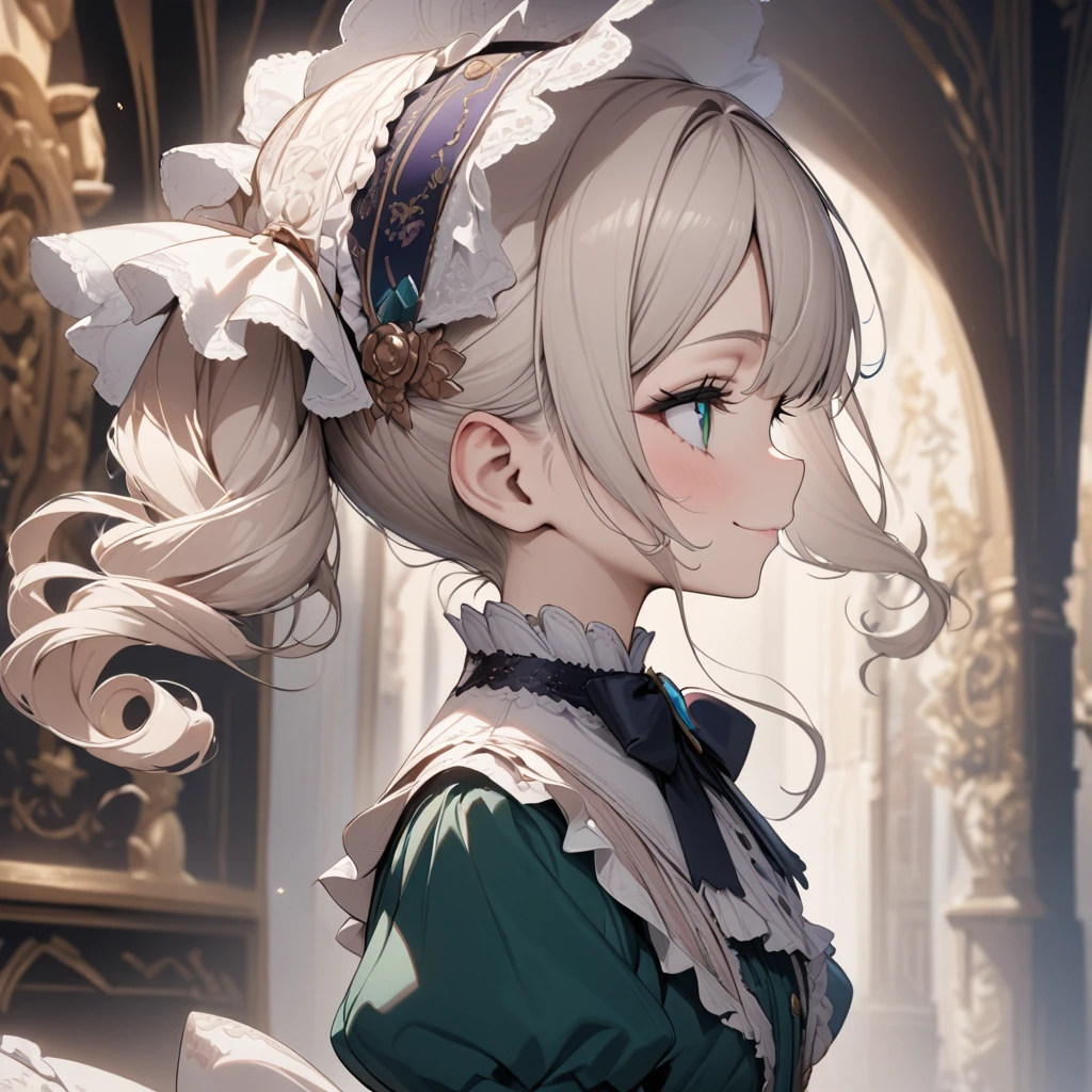 Platinum Blonde hair,curls,(emerald green eyes),long eyelashes,(light pink victorian dress),puffy short sleeves,frilled dress,wide brimmed Bonnet with bows,bustshot,masterpiece,highress,soft smile,bishoujo,peterpan collar,profile,white accents,white trim,white frills,curly side ponytail,solo