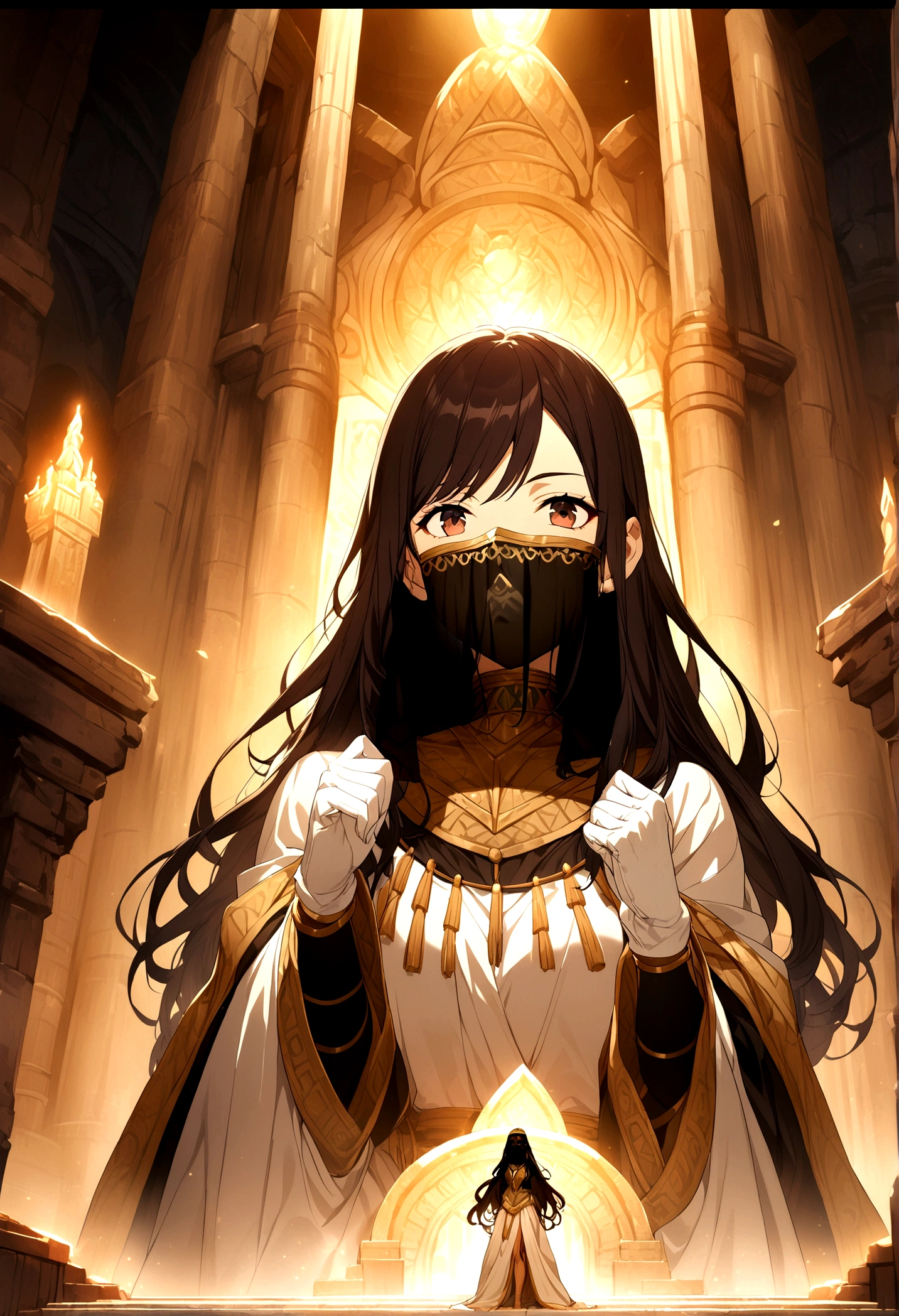 1girl, long hair, dark hair, ancient civilization clothes, white glove, mouth veil, throne background, game cg, zoomed out view,