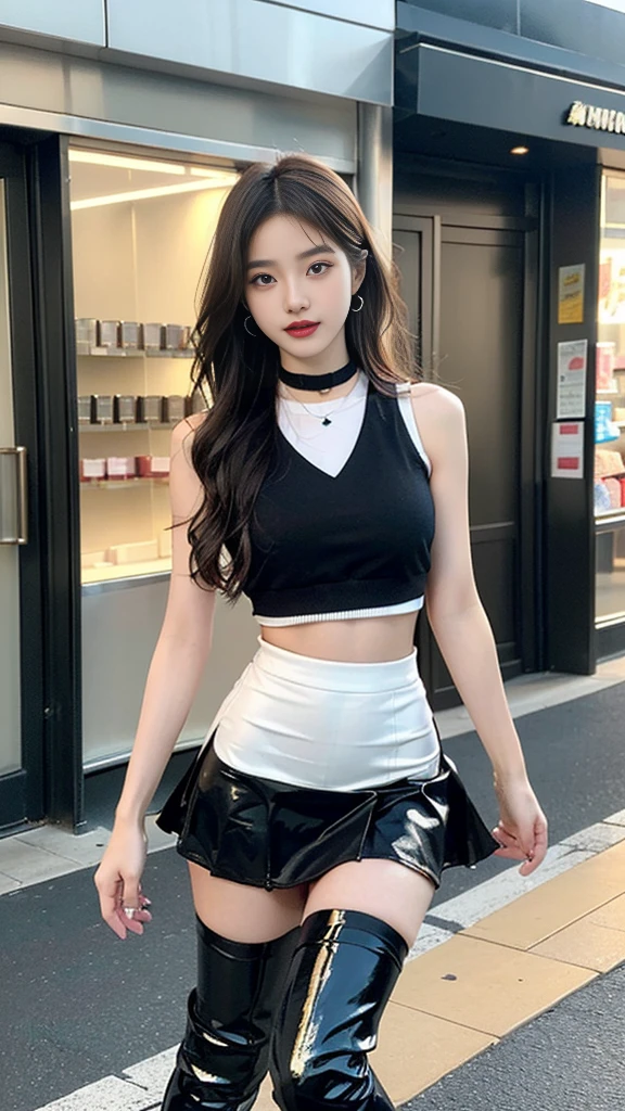 (((random composition : 1.2))), (realistic), (intricate details:1.2), (masterpiece、:1.3), (top quality:1.4), (Ultra A high resolution:1.2), Ultra A high resolution, 8K resolution, very detailed expression, (high quality), complete anatomy, natural anatomy, (full body photo:1.2), (1 korean girl), (In front of a cosmetics store), (she Dancing femininely and sexyly : 1.4),(wearing a microphone),(she doing promotional narration with mic while dancing K-pop..:1.4), (Event girl dispatched for business promotion purposes : 1.6), she is 21 years old, (she is korean:1.6), (beautiful : 1.4), (brightly colored hair), (She is Narrator model : 1.4), (She is Companion : 1.4),(She is event assistant : 1.4), (big earrings), (in-ear microphone : 1.4), heavy makeup, cheerful expression, choker necklace, long legs, (The girl is wearing a slim, sleeveless racing girl uniform and a tight, shiny miniskirt. : 1.4), (She is wearing flesh-colored shiny pantyhose under her skirt and white overknee boots. :1.4), glowing skin, passionate promotional model, friendly smile, (Making eye contact with each other :1.4), kidney practitioner, multiple wreaths, event roulette, signboard, event product promotion, Lots of people passing by on the street and paying attention to her., In front of the shopping mall in crowed