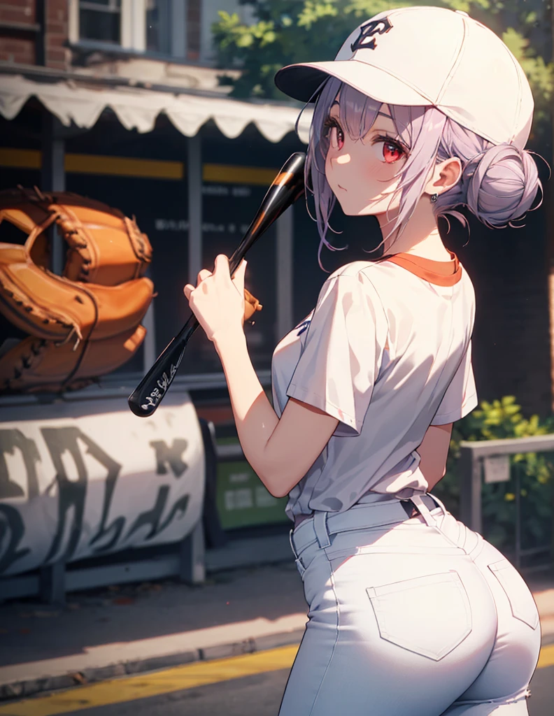 (Close-up:1.3),Realistic,Highest quality, Super detailed, High-quality CG rendering, The most delicate and beautiful, Floating softly, High resolution, (1 girl), (Highest quality,4K,8K,masterpiece:1.2), Light purple hair,(Hair in a bun:1.5),Red eyes,(Pure white oversized short sleeve T-shirt:1.3),(Black skinny jeans:1.3),(Pure white baseball cap:1.3),In the city,old buildings,(Turn your back to your audience:1.3),Butt