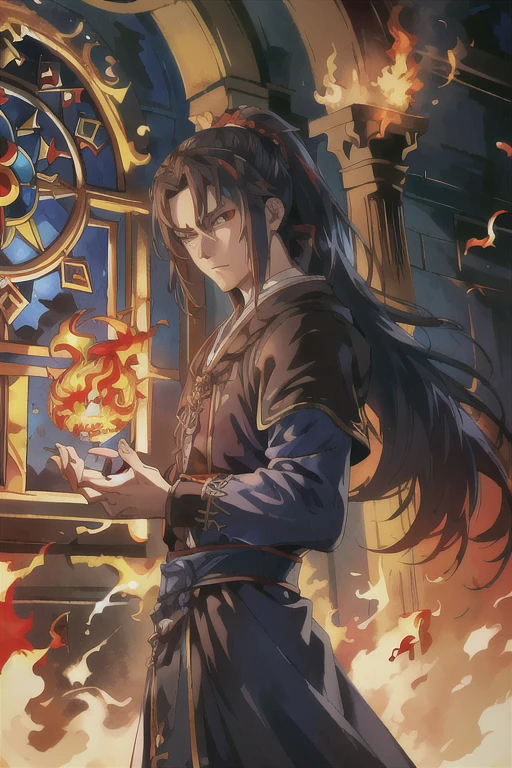 ((best quality)), ((masterpiece)), (detailed),((highest quallity)),naughty man, young man, masculine, Detailed Description, gorgeous face, blue left eye, red right eye, demon eyes, revenge look straight hair, ponytail hair, hair down to the shoulders, Bblack hair, Gothic, caucasiano, renaissance church window background, black robe, cloak covering shoulders, cloak to the elbows, Beautiful young man, Detailed facial representation, black monk clothes, hands crossed, crucifix in the right hand, playing with blue fire with his left hand (seen from the front),( fully body)