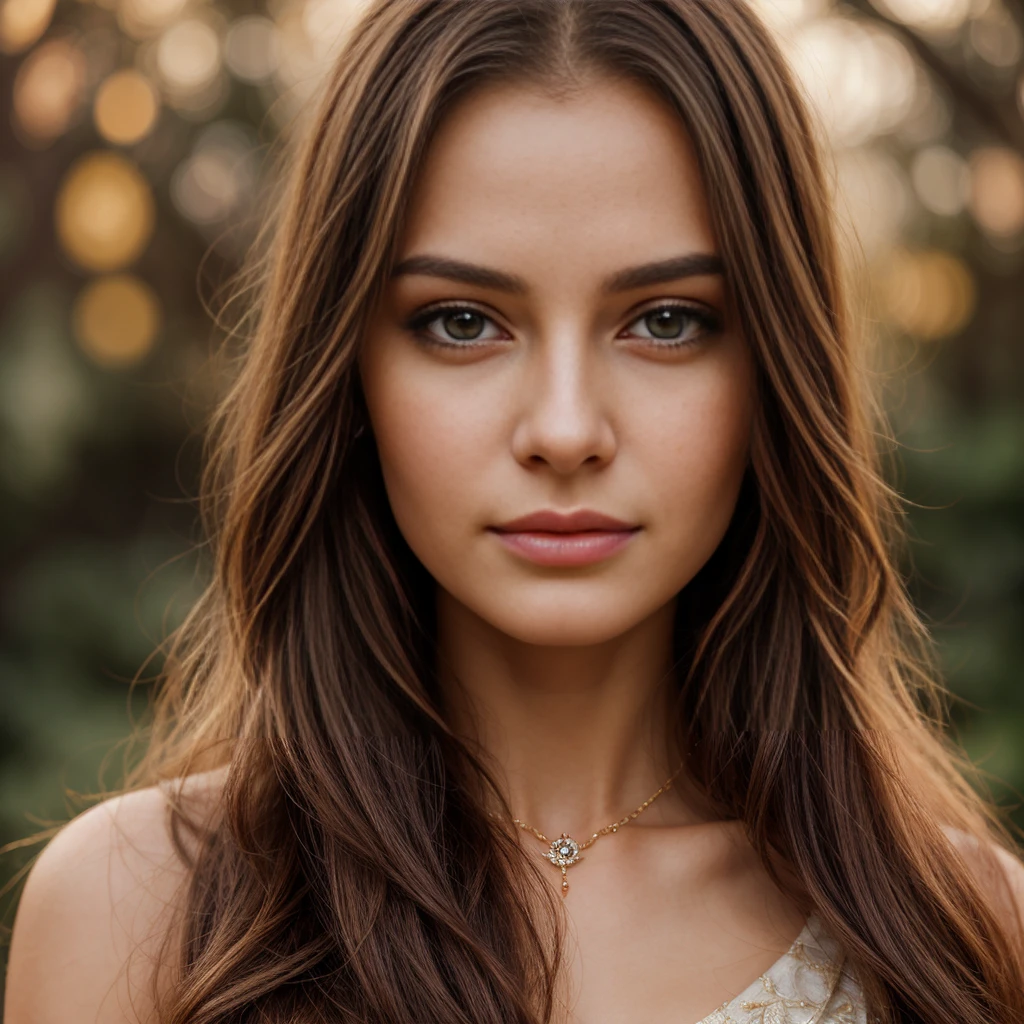 a beautiful detailed portrait of a young woman, detailed facial features, piercing eyes, lush lips, symmetrical face, delicate skin, long flowing hair, elegant jewelry, soft lighting, intricate background, oil painting style, warm color tones, photorealistic, 4k, best quality, masterpiece.