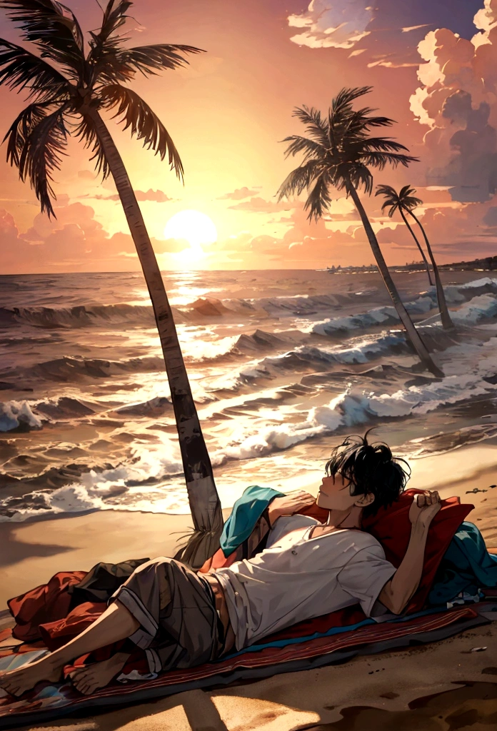 A lone man lying exhausted on a deserted beach, his clothes torn and tattered, his face weathered and filled with a deep sense of despair. The scene is bathed in the soft, melancholic light of a Studio Ghibli sunset, with the waves gently lapping at the shore and the wind whispering through the palm trees.