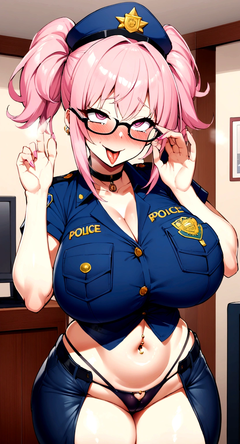 big lips, pink hair, pink eyes, cara japonesa Ahegao, improve, improve grin, two sides up, huge breasts, Wide hips, sexy, detailed,  room, Hits, Ahegao, kawaii, police pants, police, GOOD,police costume, police shirt,  choker, police pants, police shirt,navel piercing,ropa interior,huge breasts,use glasses 