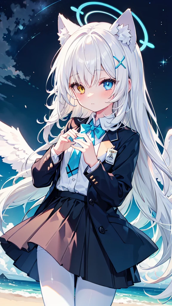 White hair,Long hair,Cat ear,Heterochromia blue-yellow,female face,There are bright spots in the eyes,Female hands,White little hands,Normal fingers,flat chest,Solitary,blue halo,On an island in the sky,night,Angel Wings,White pantyhose,