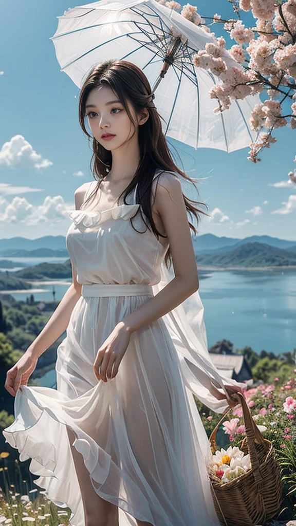 top-quality、​masterpiece、Angle from above、Japan women、18year old、A dark-haired、Lustrous hair、short-cut、Straight hair、Korean Style Beauty、big eye、Double eyes、、all-fours、Reach out to the front、White Ruffled Chiffon Sleeveless Top, White Tulle Maxi Skirt Dress, Mermaid Line, wicker basket bag,Massive landscape, Giant Glass Bottle, hour glass, A Divided World, colorful petals, Blue sky, white clouds, Vast meadow, surreal atmosphere, captivating scene, Delicate flowers, Gentle beauty, Encapsulated nature, Distant horizon, Ethereal Atmosphere, seductive sight, Grit, Time lapse, intricate designs, Transparent container, Suspended reality, Complex mechanism, tranquil surroundings, Timelapse, suspended animation, Contrasting areas, Seductive colors, Swirling sand, Seamless migration, Captivating display
, masutepiece