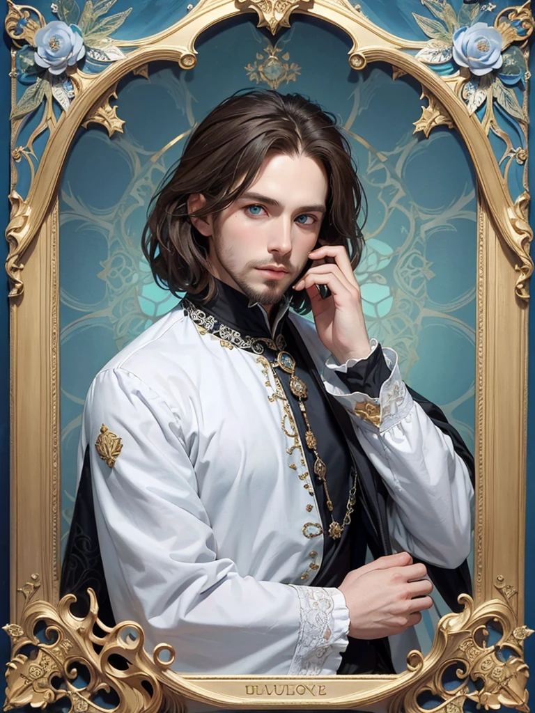 Portrait of Christopher Marlowe, extremely detailed face, white skin, piercing icy blue eyes, silky golden-brown hair, refined features, charp jawline, clean shaved, black Elizabethan velvet jerkin, white laced shirt, Art Nouveau style, Mucha style, Mucha background, realism, high quality