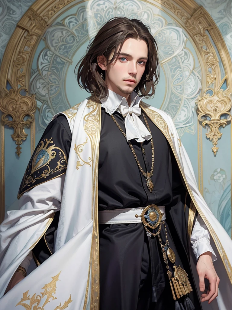 Portrait of Christopher Marlowe, extremely detailed face, white skin, piercing icy blue eyes, silky golden-brown hair, refined features, charp jawline, clean shaved, black Elizabethan velvet jerkin, white laced shirt, Art Nouveau style, Mucha style, Mucha background, realism, high quality
