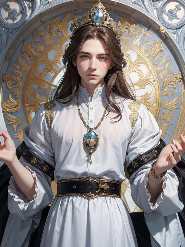 Portrait of Christopher Marlowe, extremely detailed face, white skin, piercing icy blue eyes, silky golden-brown hair, refined features, charp jawline, clean shaved, black Elizabethan velvet jerkin, white laced shirt, Art Nouveau style, Mucha style, Mucha background, realism, high quality