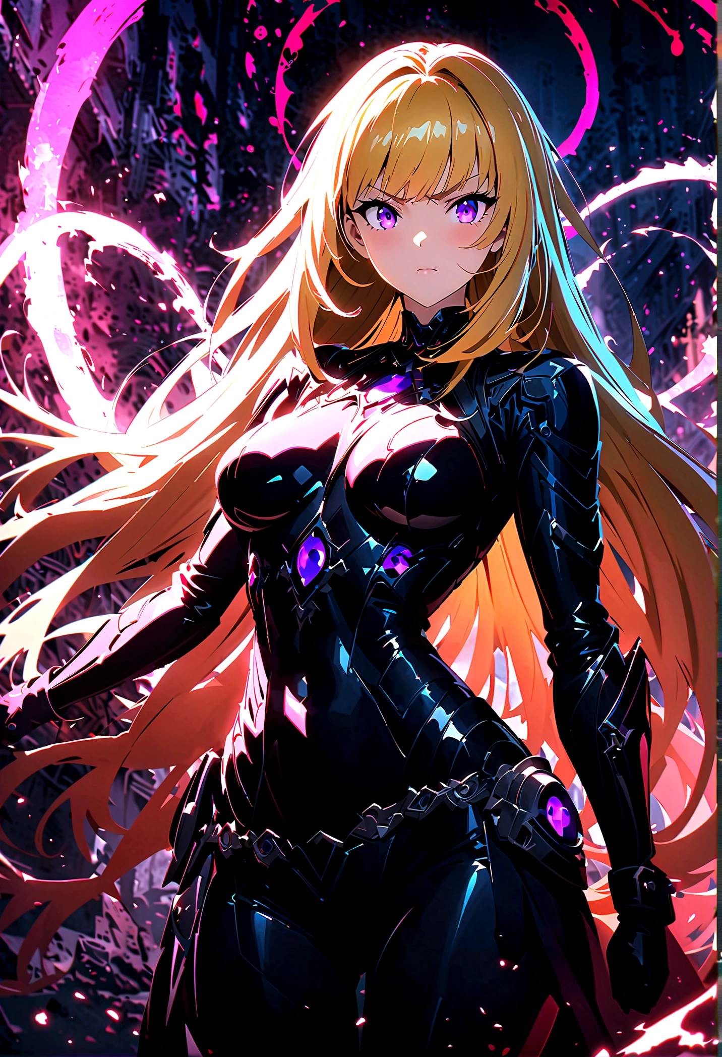 , girl in black japanese , badass anime 8k, anime art wallpaper 4k, anime art wallpaper 4k, fantasy anime artwork 2.5 d cgi, art wallpaper 8k anime, digital detailed anime art, beautiful fantasy anime, epic anime artwork, 4k anime wallpaper, detailed anime artwork, sexy, sexy, woman, anime style, best quality, extremely detailed, best shadows), (detailed background, dark fantasy), (beautiful detailed faces), high contrast, (best lighting, extremely delicate and beautiful), ((cinematic lighting)), colorful, super detailed, dramatic lighting, intricate details, (1 girl, solo, sharp face, . Blonde, super long hair , thin bangs, long eyelashes, dynamic angle), blood splatter, black light swirling around character, depth of field, black light particles, (broken glasagic circle
