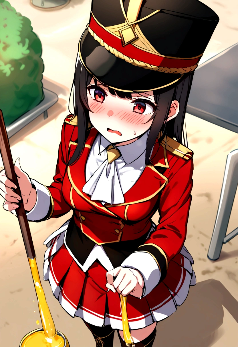 Master piece, (best quality), perfect eyes, bound, bondage, (arms behind back:1.4), bdsm, tape gag, tape, tape bondage, close-up, restrained, standing ,best anatomy,full body, masterpiece, best quality, highres, aasuzune, long hair, black hair, (single braid:1.2), hair ribbon, red jacket, blazer, blue bowtie, long sleeves, white skirt, black thighhighs, standing, cowboy shot, outdoors