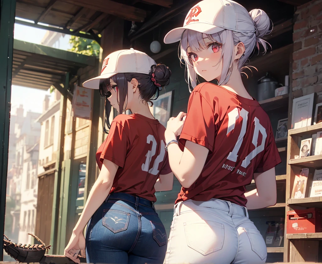 (Close-up:1.3),Realistic,Highest quality, Super detailed, High-quality CG rendering, The most delicate and beautiful, Floating softly, High resolution, (1 girl), (Highest quality,4K,8K,masterpiece:1.2), Light purple hair,(Hair in a bun:1.5),Red eyes,(Pure white oversized short sleeve T-shirt:1.3),(Black skinny jeans:1.3),(Pure white baseball cap:1.3),In the old town,old buildings,(Turn your back to your audience:1.3),Butt
