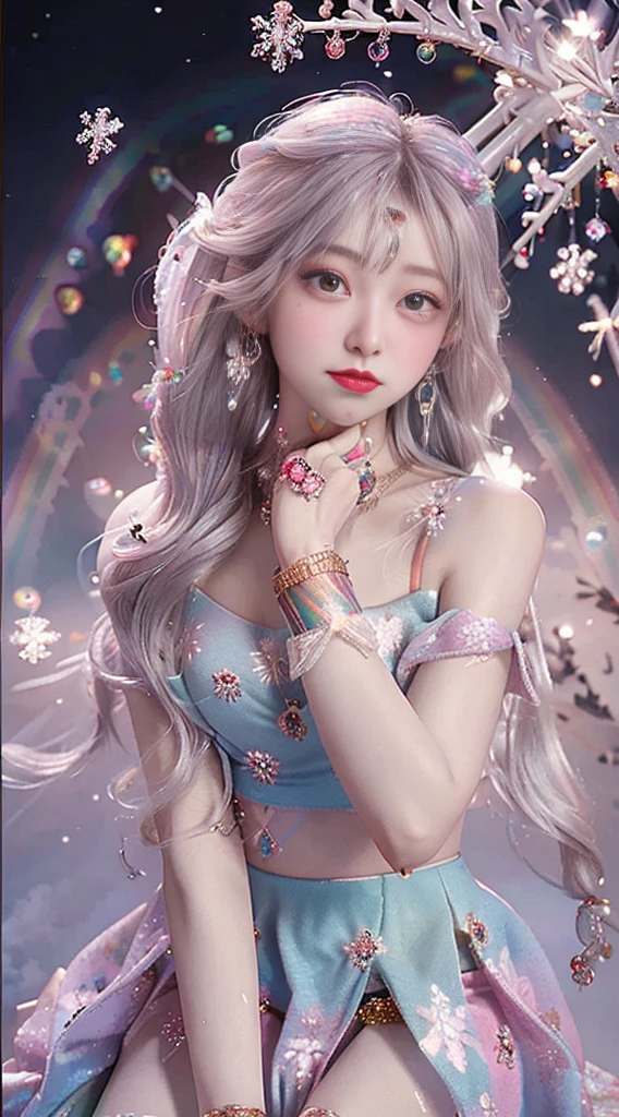 8K, masterpiece, 1 girl, Pretty Face, Very long hair, Light makeup, Delicate eyes, Delicate lips, Small bust, Winter Clothing, Rainbow Skirt, (Wearing Jewelry:1.8), (Rainbow Lace:1.4), ((Snowflakes falling:1.4)), sit,