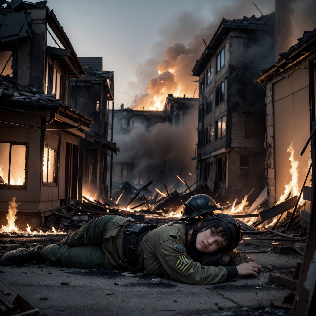 Fallen soldier in war gear, destroyed neighborhood, fire in houses and buildings