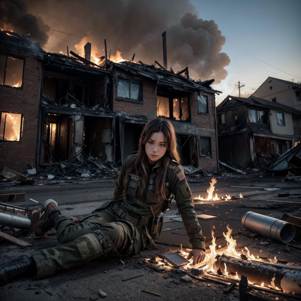 Fallen soldier in war gear, destroyed neighborhood, fire in houses and buildings
