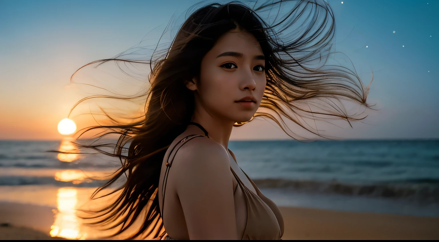 ((最high quality)), Like a photograph,high quality, 8k resolution",Beautiful 19 year old girl,summer,The girl sways beautifully in the sea breeze、graceful hair,Sad profile,Ocean view，night，Coastal Cafe,firework