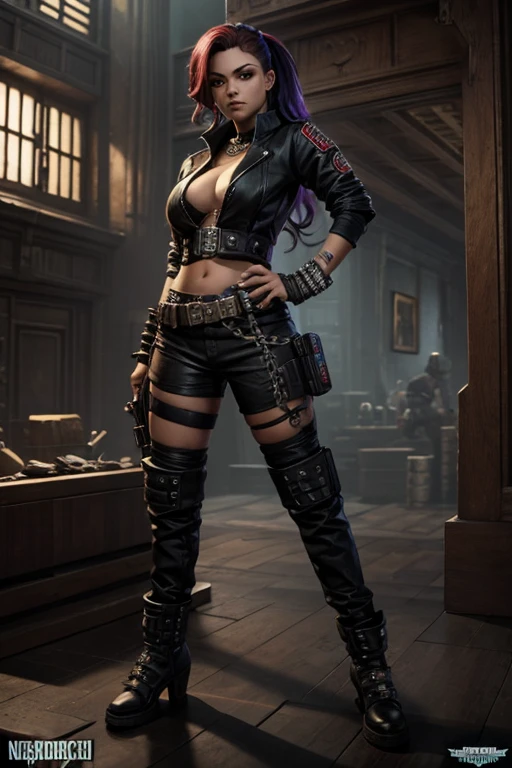 1 girl, heavy goth makeup, fantasy character, cyberpunk horror, dark fantasy, navel, gothic mage, muscular abs, leather lace corset cropped top, leather pants, sensual
