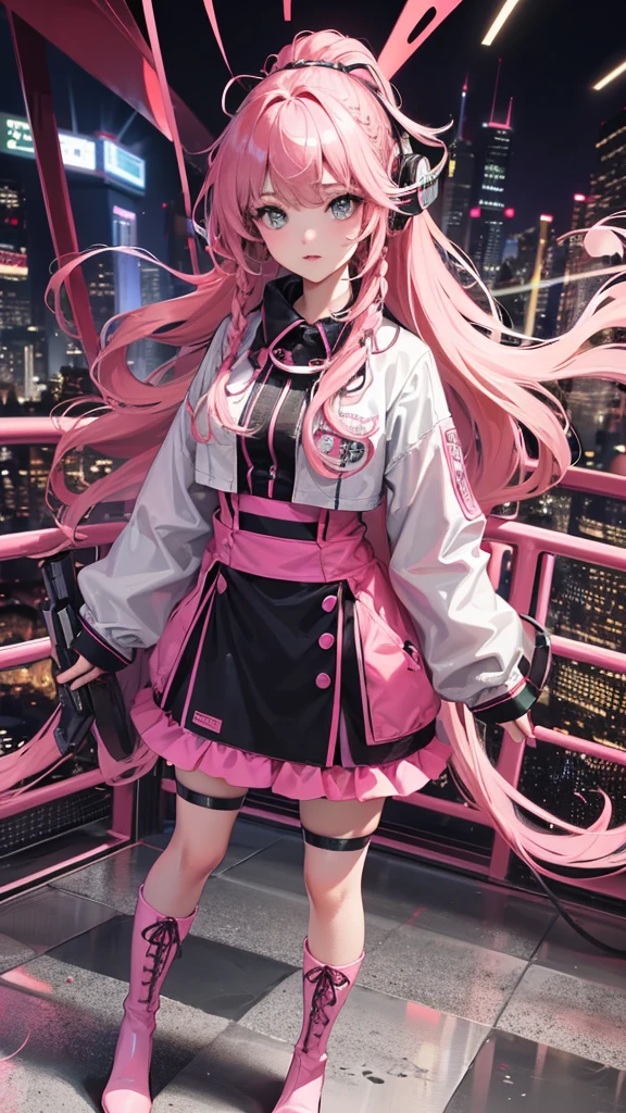 high resolution, best qualityer, work of art, very high image quality, ultra detali, hyper realist, 3d, アニメ, illustrations, fancy, hard rock girl, very beautiful cute, pink wavy hair, side braid, mini-skirt, Knee socks, engineer boots, cyber punk galaxy city background  